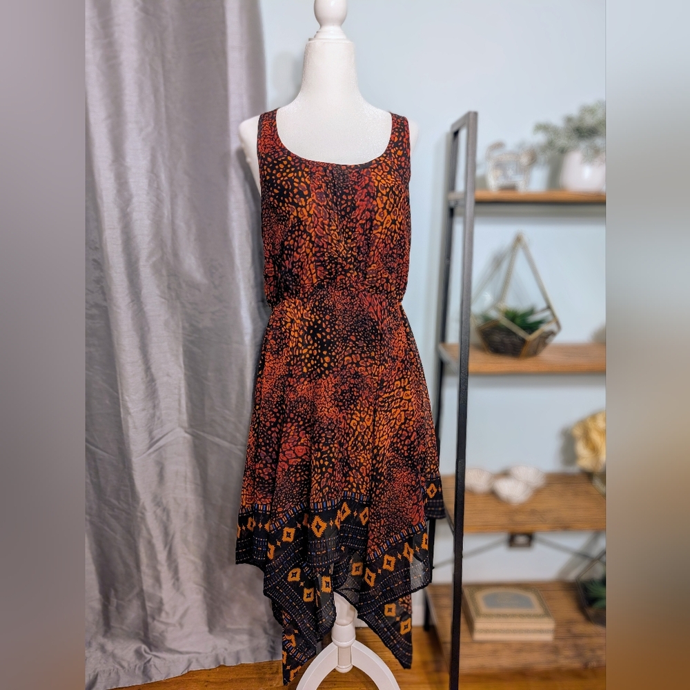 Ecote Women's Multicolor Lined Handkerchief Hem Sleeveless Midi Dress Size Small